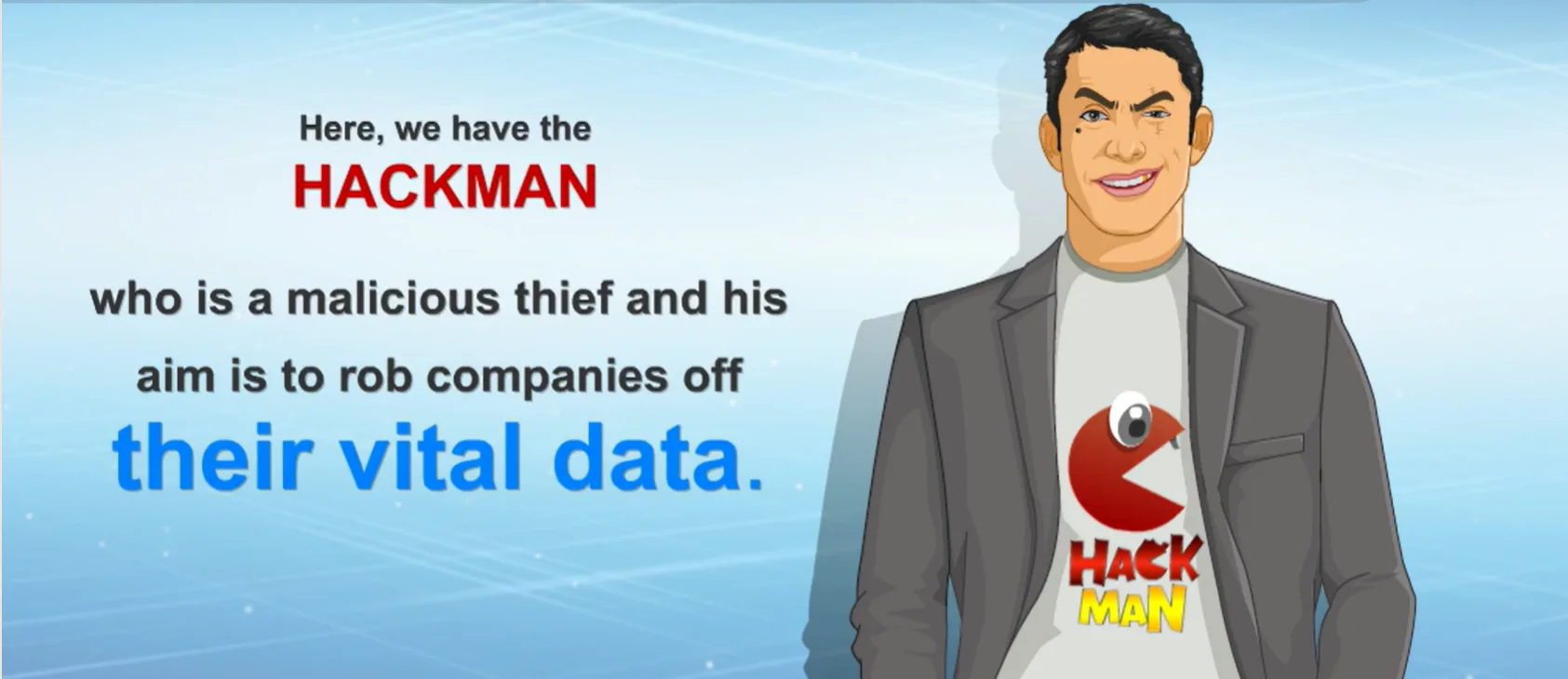 Information Security Awareness course screen introducing Hackman, a malicious thief whose aim is to rob companies of their vital data